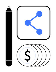 Pen, sharing icon highlighting data exchange, and stack of coins symbolizing financial transactions. Ideal for collaboration, finance, technology, education, networking, innovation simple landing