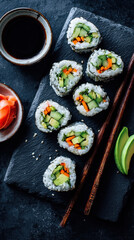 Fresh veggie sushi rolls with avocado, cucumber, and carrots on a black slate plate