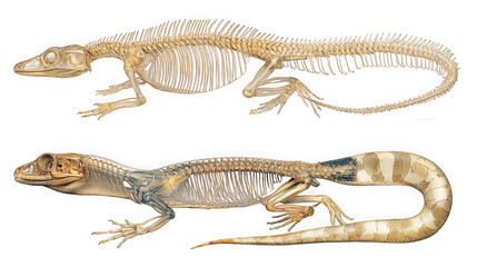 Fototapeta premium Comparative anatomical illustration of a lizard skeleton showcasing its bone structure and reptilian characteristics isolated on transparent background