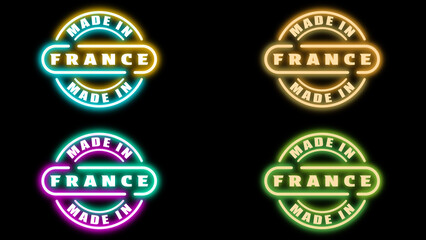 Four made in France animated icons with modern and retro style light on black background.