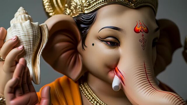 Closeup of ganesha idol holding conch shell, showcasing intricate details and symbolism of prosperity, wisdom, and divine blessings in hindu tradition, radiating spiritual significance