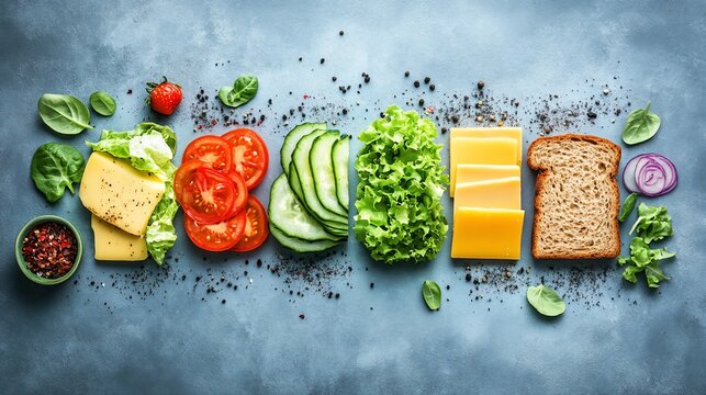 Assorted sandwich ingredients arranged in a horizontal row on a textured surface  Fresh vegetables, cheese, bread slices, and spices are visible