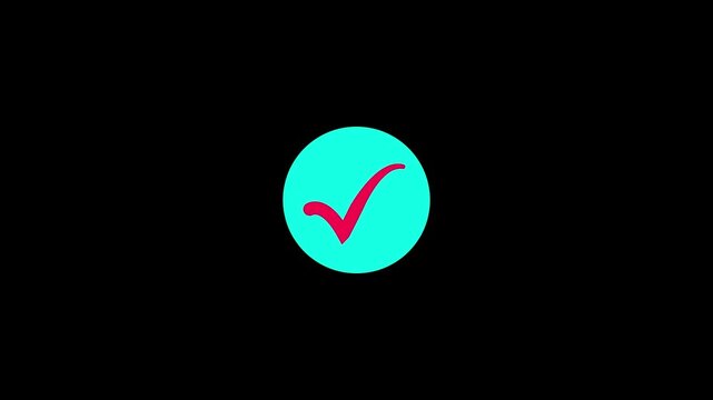 Abstract check mark  red color, cyan  circle animation. Tik mark icon animation. Animated OK Check Mark Icon Checkbox or Tick Doodle Animation on black background. 