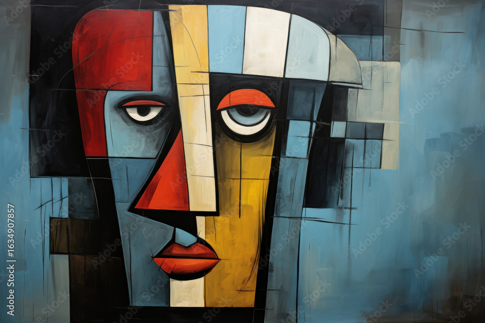 Poster abstract cubist depiction of a figures head with intersecting lines and blocky paint textures