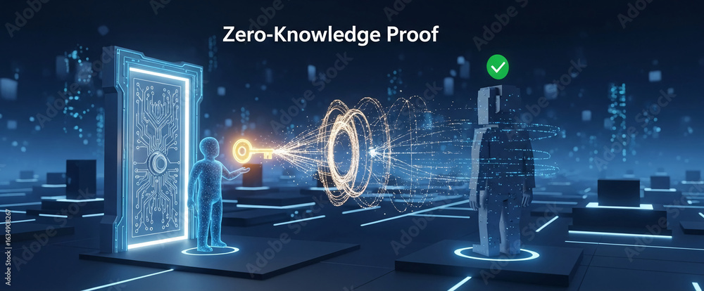 Poster digital figures exchange a glowing key, symbolizing zero-knowledge proof authentication in a futuris