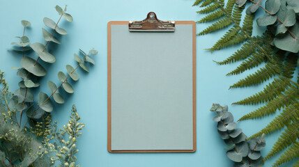 Blank clipboard with eucalyptus and fern on a light blue background