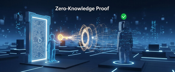 Digital figures exchange a glowing key, symbolizing zero-knowledge proof authentication in a futuristic, technological setting.  Concept showcases secure data access