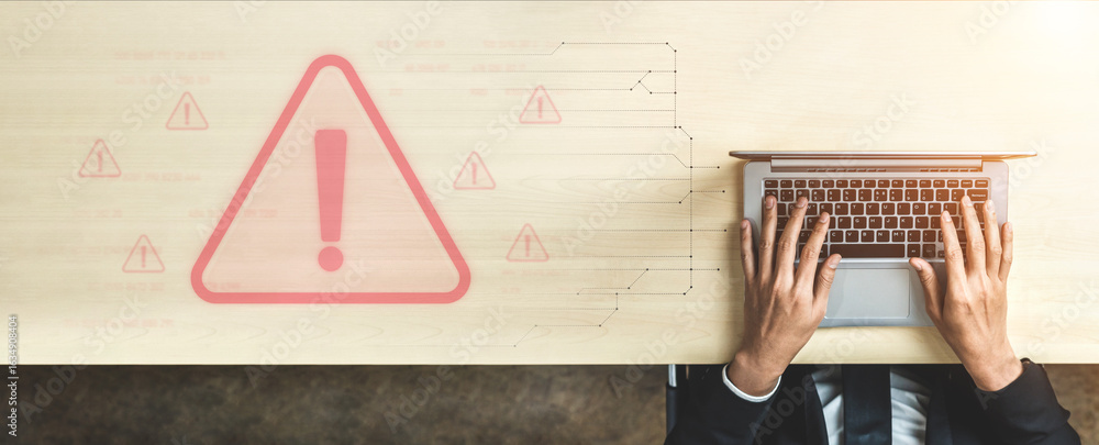 Poster cybersecurity alert warning showing red cyber for data breach, network threat, and cyber security sy