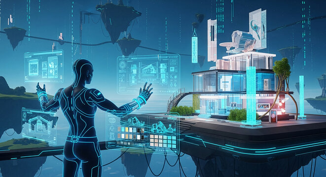 Futuristic robotic figure interacts with holographic house design, showcasing modern architecture and technological advancements in a surreal, floating island setting - Powered by Adobe