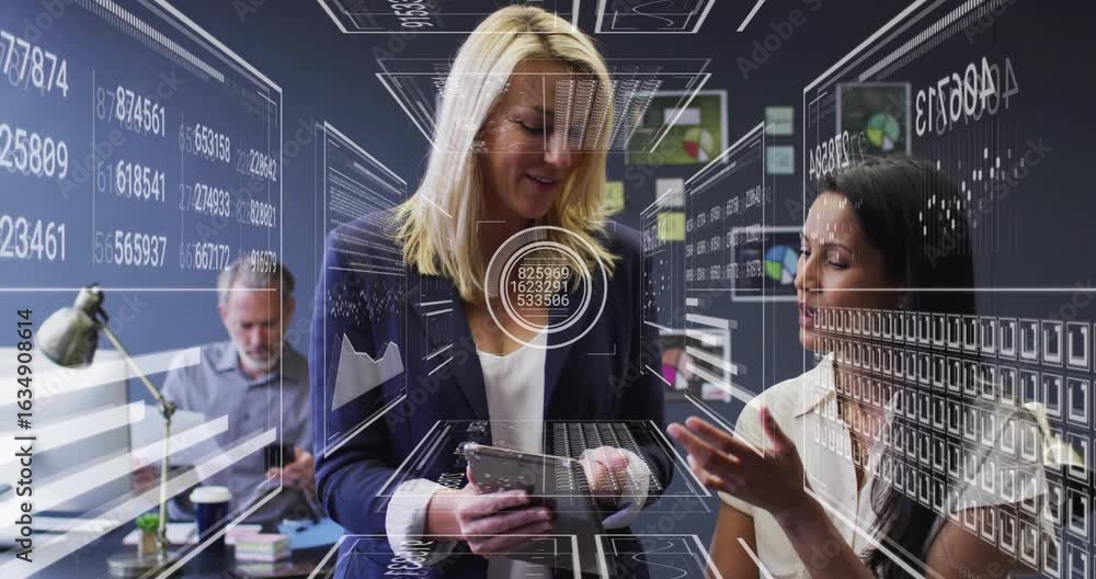 Aufkleber blonde lead tapping tablet initiating data streams with peer pointing at graphs for business review