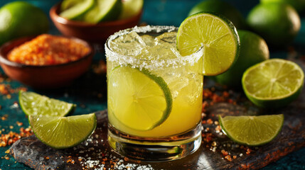 Classic margarita with salt rim and lime slice, vibrant party setup