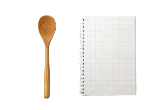 Wooden spoon and open notebook for recipe or menu planning on transparent background