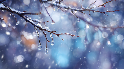 Frozen water droplets clinging to bare branches dusted with snow winter