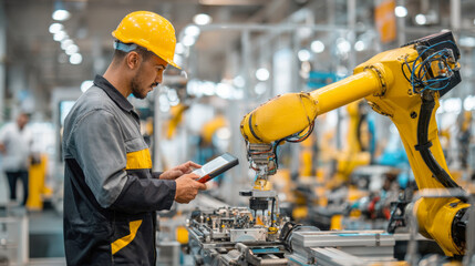 Engineer in yellow hard hat, uniform operates robotic arm with tablet in high-tech factory, symbolizing advanced manufacturing, industry 4.0. Fusion of human skill, robotics for efficient production