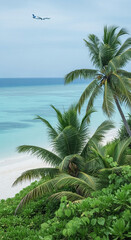 Fototapeta premium Tropical beach scene with palm trees, turquoise water, and airplane overhead, showcasing serene travel or vacation concept