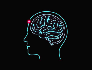 Obraz premium Glowing turquoise brain illustration in side view of human head with pink forehead highlight on dark background