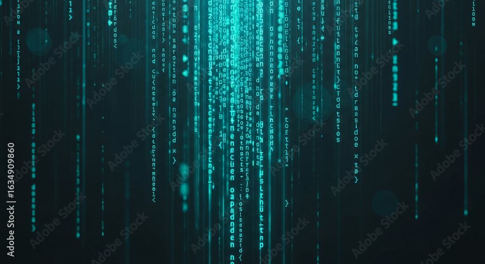 Poster abstract image of teal digital code cascading downwards, suggesting data flow or a technological pro