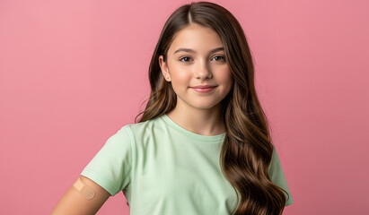 Fototapeta premium Portrait of a happy young girl with a small plaster on her arm, smiling gently