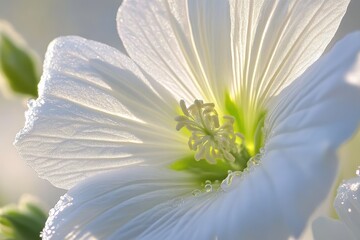 Macro dew drops on white flower petal center morning sunlight bokeh, Close-up of dew drops on a white flower petal