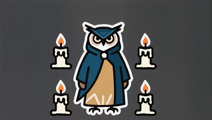 Cartoon owl wizard in blue cloak with candles