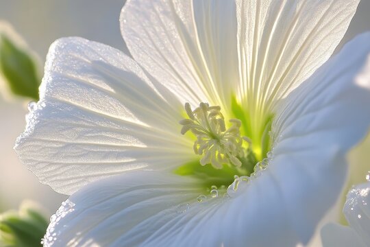 Macro dew drops on white flower petal center morning sunlight bokeh, Close-up of dew drops on a white flower petal