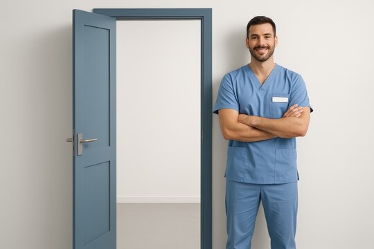 Physiotherapist stands proudly at the Blue Door clinic, ready to assist patients