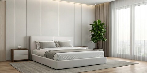 Fototapeta premium Tranquil Scandinavian-Inspired Minimalist Bedroom with Crisp Architectural Lines and Soft Natural Light Ambiance