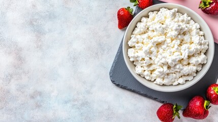 Cottage cheese bowl with fresh strawberry on slate board healthy eating