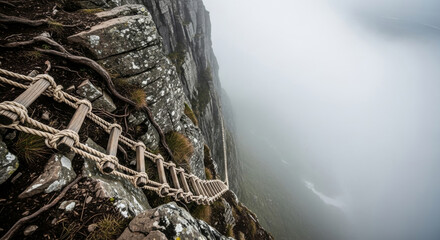 A rope ladder clings to a steep cliff, vanishing into thick fog below. Towering rocks and clouds create a mysterious, high-altitude adventure scene.