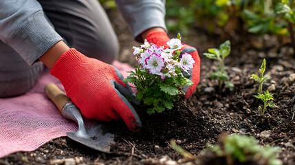 Fototapeta premium Gardener planting pink and white flowers in soil with red gloves and trowel gardening