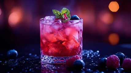 A vibrant, iced cocktail garnished with mint, raspberries, and blueberries sits on a dark, reflective surface - Powered by Adobe