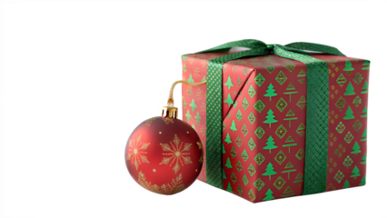 Christmas gift box with red bauble and green ribbon isolated on transparent background
