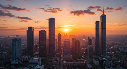 Fototapeta premium A dramatic cityscape at dusk, with the last rays of sun hitting the tallest skyscrapers