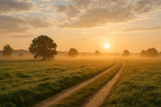 Sunset on a fiels with some trees