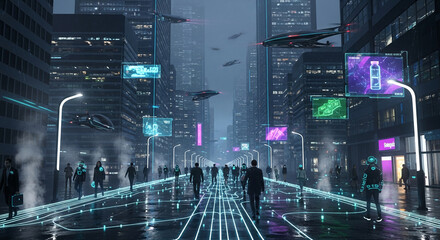 Futuristic city street at night, illuminated with neon lights, showcasing flying vehicles and pedestrians using augmented reality interfaces, representing technological advancement and urban life