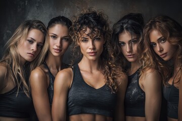 Fototapeta premium Dynamic group of active women showcasing strength and confidence in a stylized studio setting during a fitness session