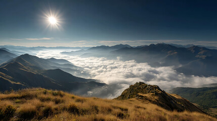Obraz premium Golden Mountain Peaks Above Sea Of Clouds Under Bright Sun landscape nature
