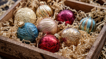 Christmas tree ornaments in a wooden box with shredded paper for storage