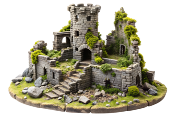Miniature diorama of a crumbling stone castle overgrown with green moss and ivy isolated on a transparent background