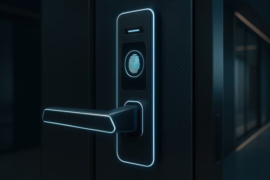 Modern biometric door lock with fingerprint scanner and illuminated design at night