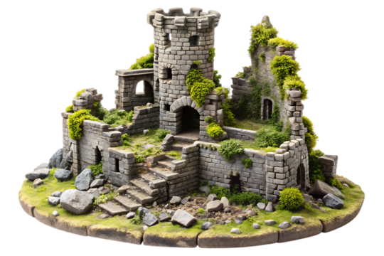 Miniature diorama of a crumbling stone castle overgrown with green moss and ivy isolated on a transparent background