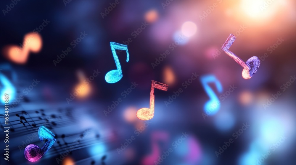 Poster abstract musical notes floating on dark background with colorful bokeh