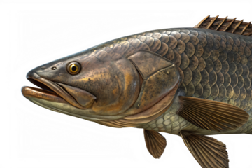 highly realistic 3d sculpture of snakehead fish with detailed scales and sharp fins, dark aquatic predator on AI generated by PNG