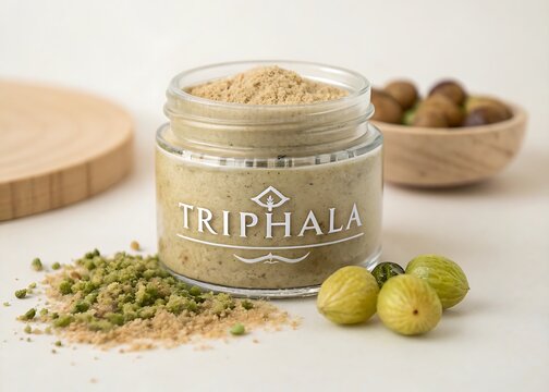 Glass jar of triphala powder with ingredients ayurveda