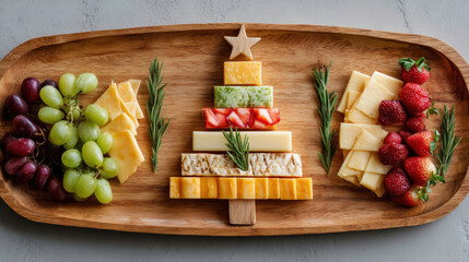 Wooden tray with Christmas tree shaped cheese board and fruit, festive appetizer idea