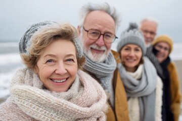 Senior friends enjoy a joyful beach outing together during winter, wrapped in warm clothing and smiling brightly at the camera
