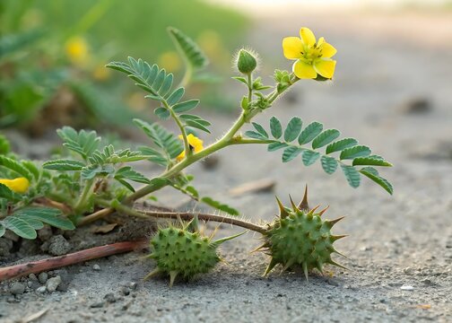 Green spiky seed pods and yellow flower on plant tribulus terrestris