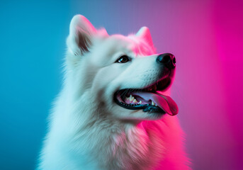 Fototapeta premium Expressive white canine looking up, bathed in a striking dual-tone blue and pink glow