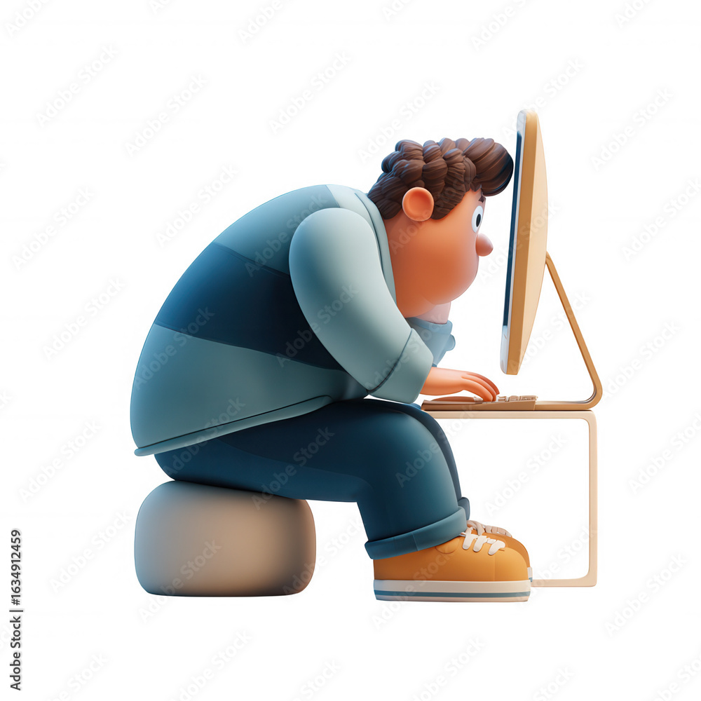 Poster 3d icon user illustration of a man concentrating while working transparent a desktop computer, isola