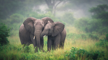 Fototapeta premium Gentle giants embrace in misty savanna elephants wildlife